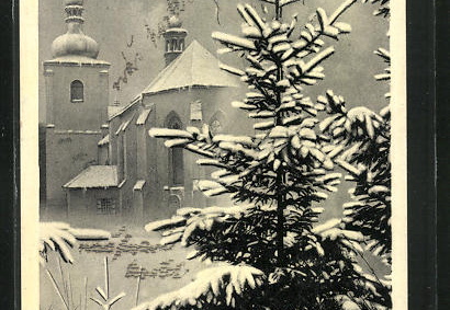 AK-Trest-Vanocni-a-novorocni-pozdrav-Kirche-im-Winter